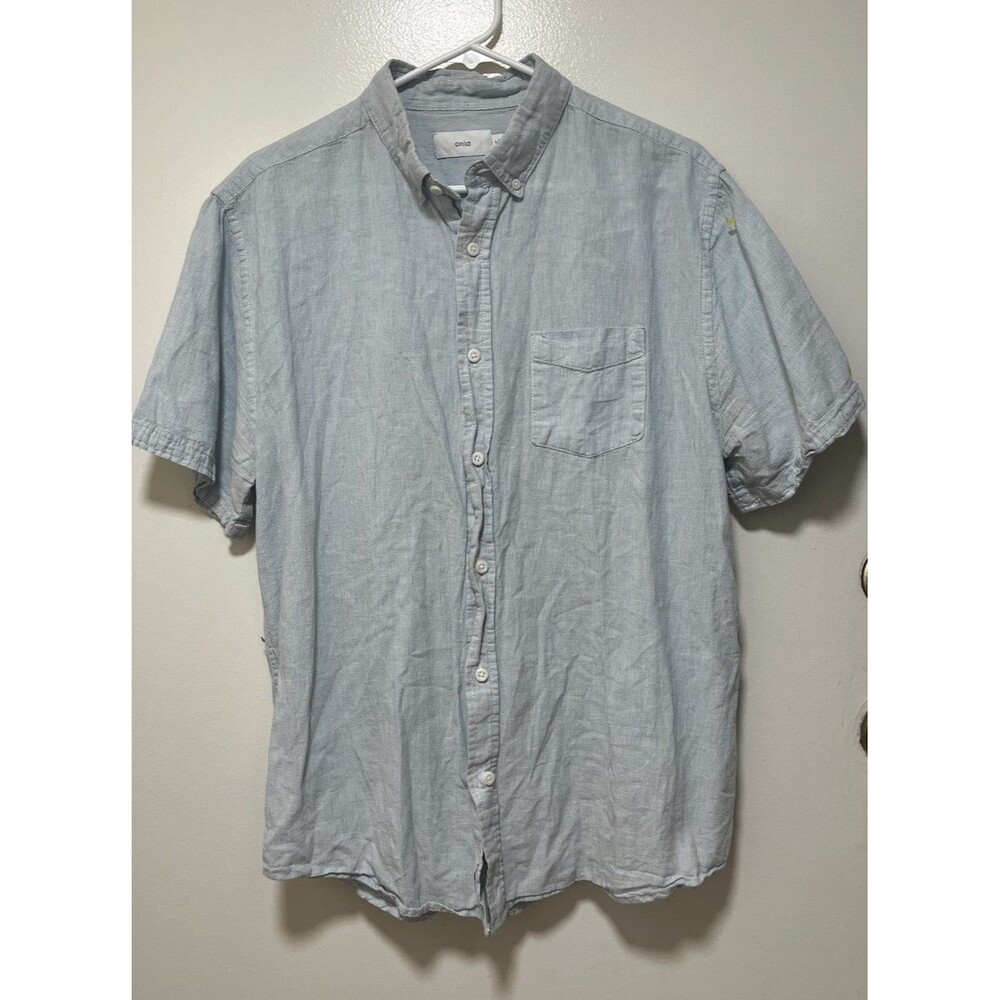 Men’s Pinstripe Soft Denim Chambray Button Down Shirt Medium Short Sleeve